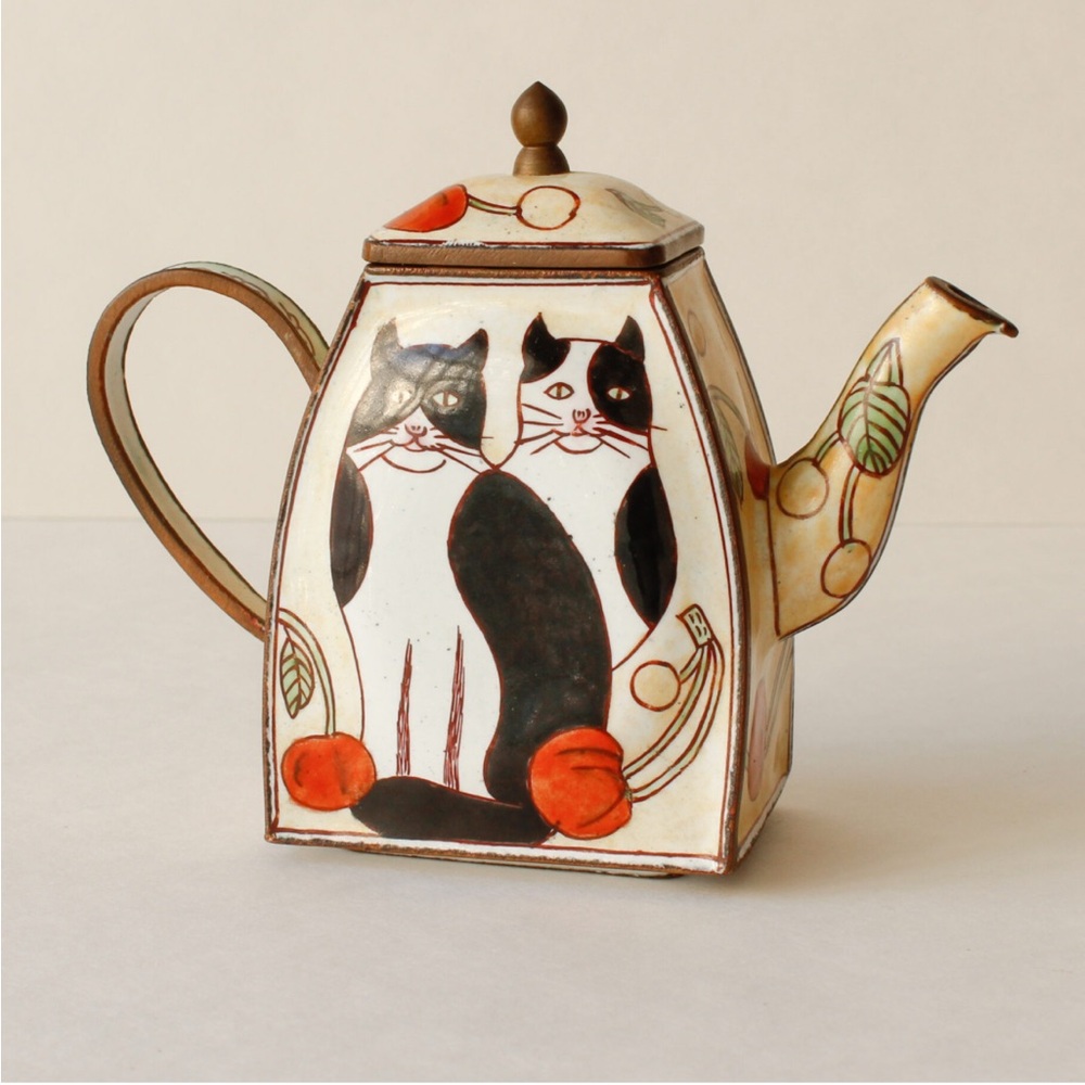 Toleware Two Black & White Cats Enamel Metal Hand Painted Copper Mini Teapot